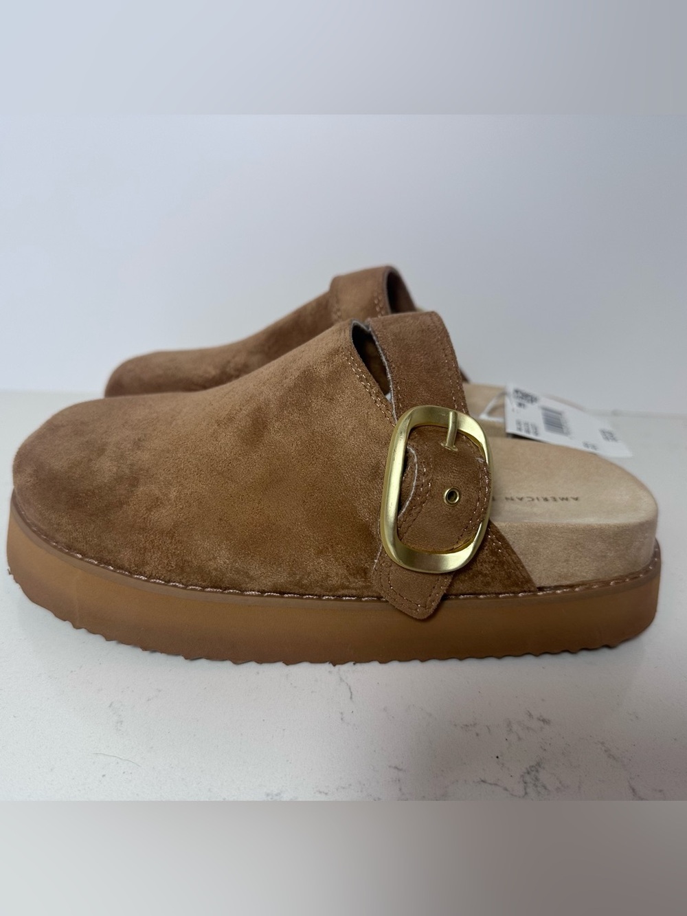 American Eagle Women's Slip-On Buckle Clog in Faux Brown Suede - Picture 2 of 7
